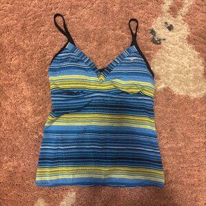 Nike Women Swimwear M/10 Blue Green Striped Tankini Cropped Swoosh Logo V Neck